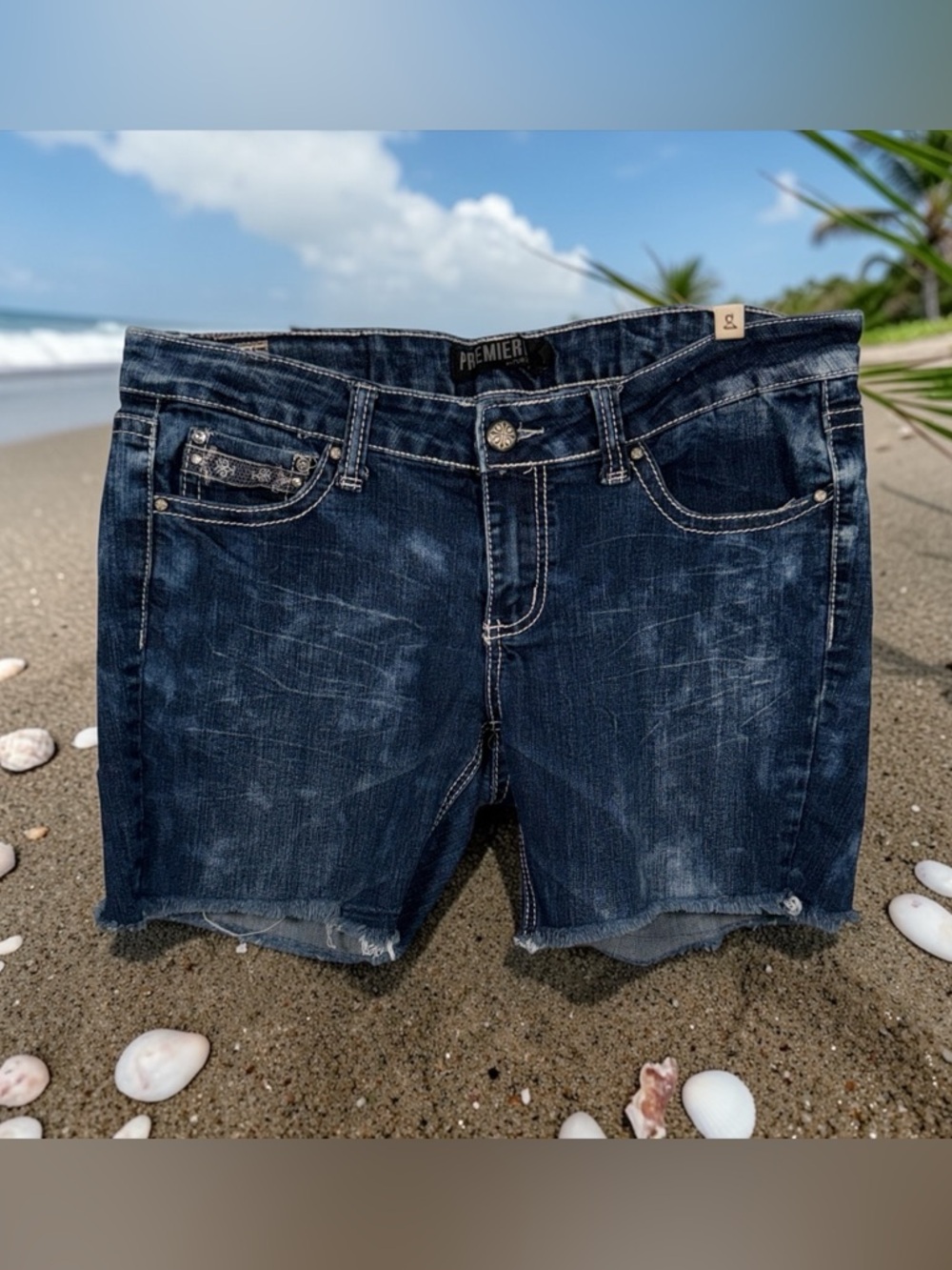 Premier Dark Blue Distressed Denim Cutoff Shorts
